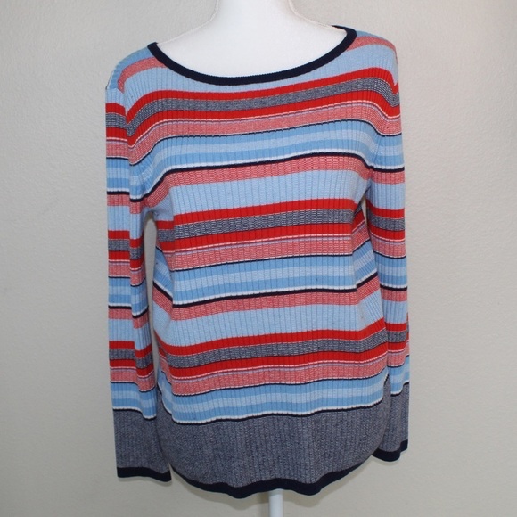 Halogen Woman's Stripped Ribbed Knit Pullover Sweater Top - Size Medium - Picture 2 of 6